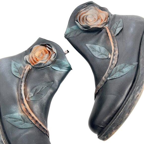 Socofy Floral Dimensional Black Leather Ankle Boots Size 41 - Picture 4 of 16